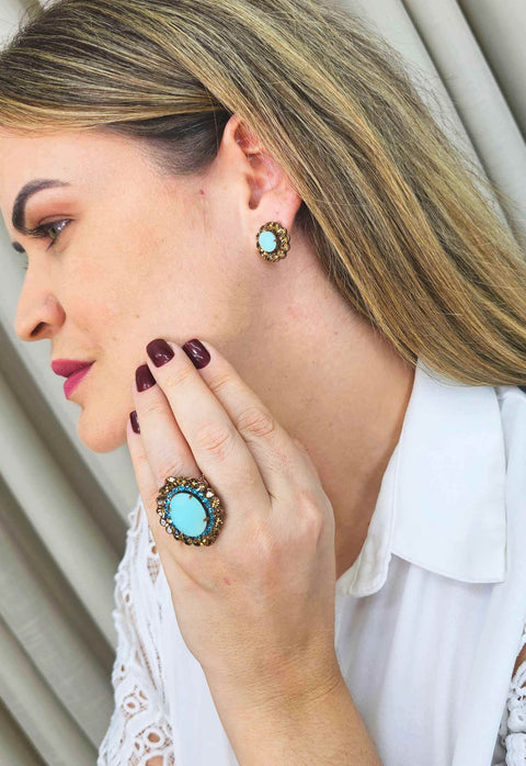 Brinco Radiância classic com pedras marrons e azuis banhado no vintage