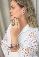 Brinco Bruna: Elegante Oval com Pedras Opala e Strass Cristal no Vintage | Estilo Vintage Chic