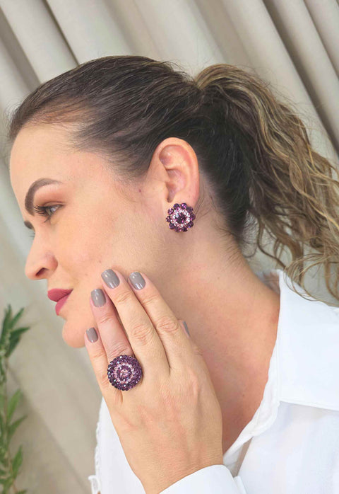 Brinco Redondo Premier com Pedras Ametista e Rosa Vintage - Bijuteria Fina