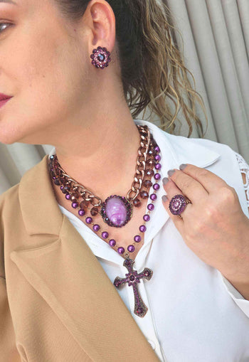 Brinco Redondo Premier com Pedras Ametista e Rosa Vintage - Bijuteria Fina