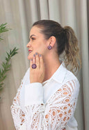 Brinco Redondo Premier com Pedras Ametista e Rosa Vintage - Bijuteria Fina