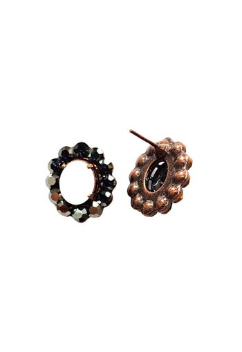 Brinco Naomi oval com pedras brancas e strass hematite banhado no vintage
