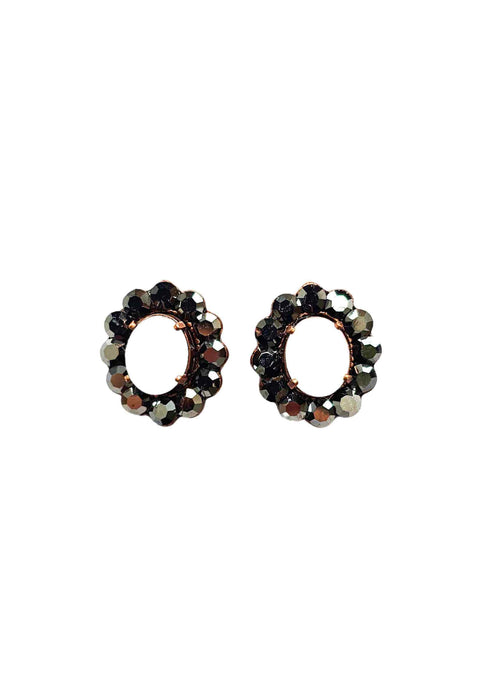 Brinco Naomi oval com pedras brancas e strass hematite banhado no vintage