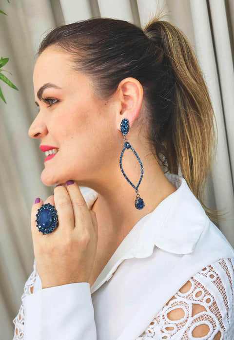 Brinco Enigma azul com strass e gotas banhado no grafite