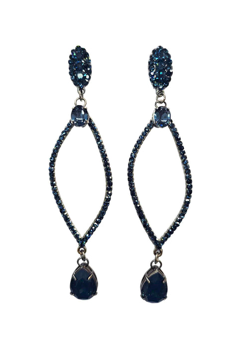 Brinco Enigma azul com strass e gotas banhado no grafite