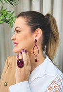 Brinco Enigma vermelho com strass e gotas banhado no vintage