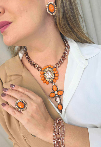 Brinco Fascinação: Elegante Oval com Pedras Hematite e Laranja no Vintage | Destaque no seu Look
