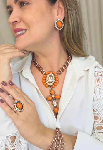 Brinco Fascinação: Elegante Oval com Pedras Hematite e Laranja no Vintage | Destaque no seu Look