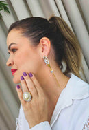 Brinco Musa de gota cristal e franjas douradas