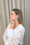 Brinco Oval Verde Água Cristais Dourado | Brinco Geração