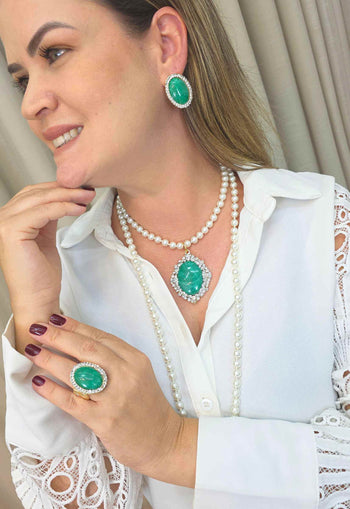 Brinco Oval Verde Água Cristais Dourado | Brinco Geração