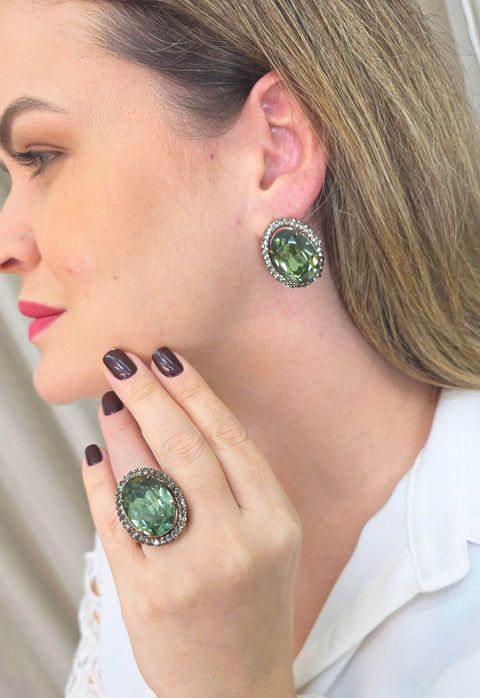 Brinco Gonzalez oval de pedras verde e black diamond banhado no vintage