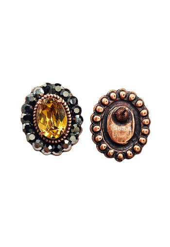 Brinco Herança oval com pedras marrom e hematite banhado no vintage