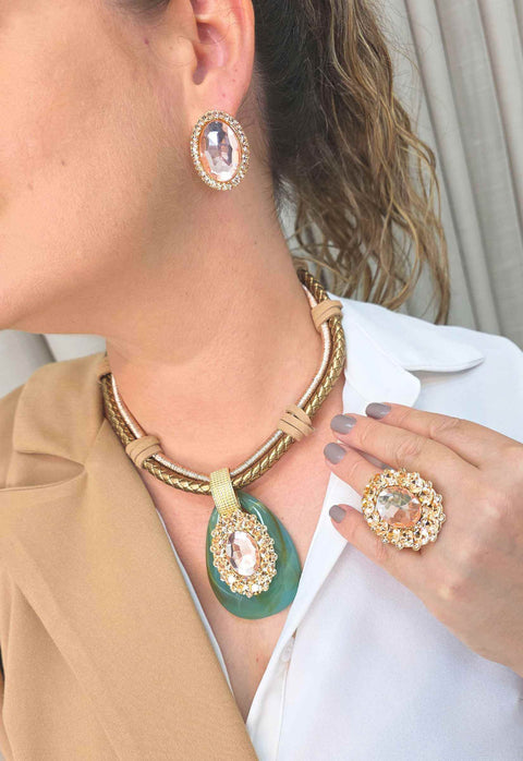 Brinco Dama Oval com Pedras Pêssego Dourado | Sahara Acessórios