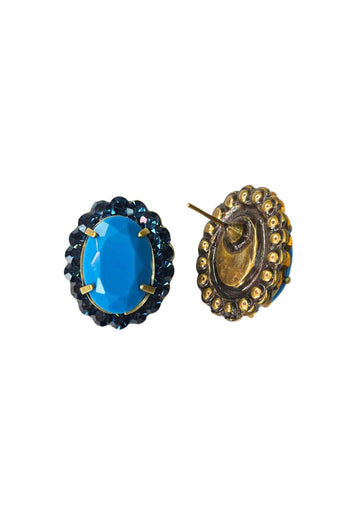 Brinco Melodia oval de pedras azul banhado no ouro velho