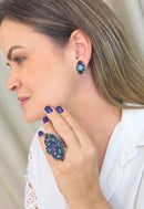 Brinco Andrea Classic: Delicado com Pedras Azuis Banhado no Grafite | Estilo Atemporal