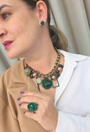 Brinco Oval Darla com Verde Esmeralda Ouro Velho - Bijuteria Fina Delicada