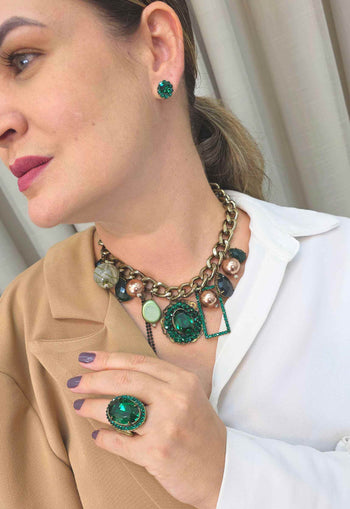 Brinco Oval Darla com Verde Esmeralda Ouro Velho - Bijuteria Fina Delicada