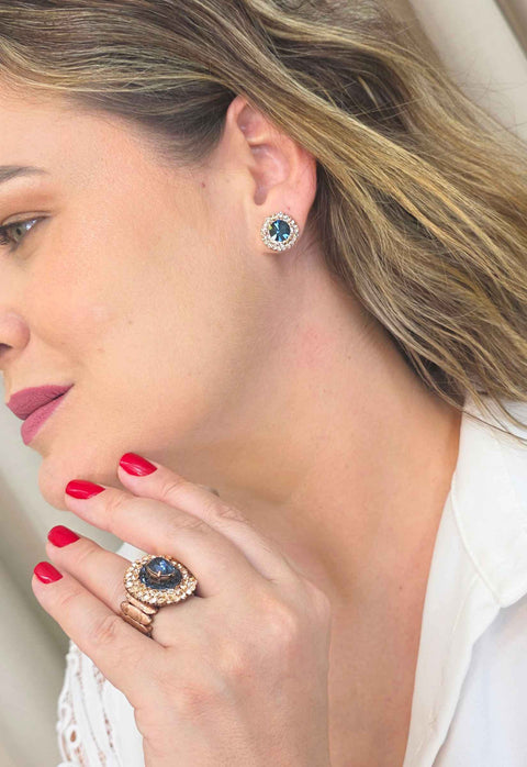 Brinco Vick Ibiza estilo Clássico: Redondo com Pedras Azuis e Pêssego no Vintage | Acessórios que brilham