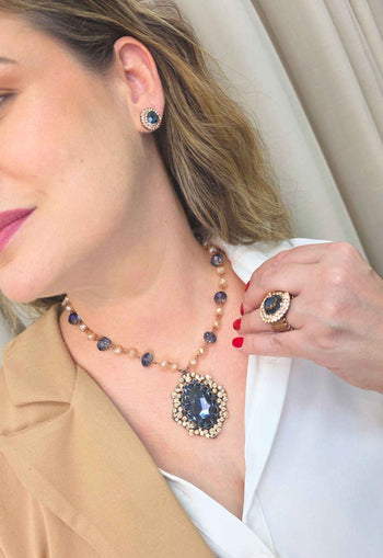 Brinco Vick Ibiza estilo Clássico: Redondo com Pedras Azuis e Pêssego no Vintage | Acessórios que brilham