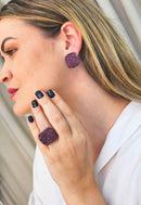 Brinco Estela retangular com pedras ametista banhado no vintage