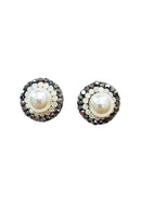 Brinco Redondo Alexandrina com Pérola e Strass Grafite - Bijuteria Fina Artesanal