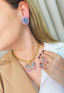 Brinco Indira redondo de pedras coloridas banhado no dourado