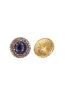 Brinco Charline redondo de pedras ametista, azul e black diamond banhado no dourado