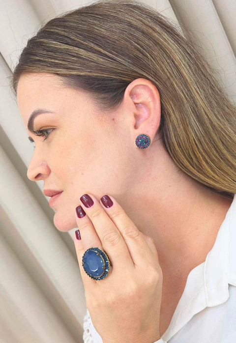 Brinco Redondo Azul Marinho Ametista Ouro Velho | Brinco Patrimônio