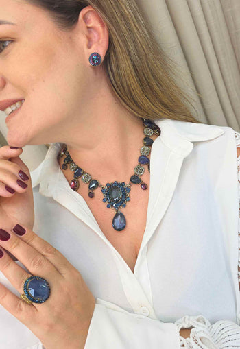 Brinco Redondo Azul Marinho Ametista Ouro Velho | Brinco Patrimônio