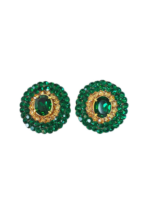 Brinco Rubra: Redondo com Pedras Verde Esmeralda e Strass no Dourado | Design By Sahara