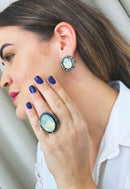 Brinco Jenifer redondo com pedra opal e hematite banhado no grafite