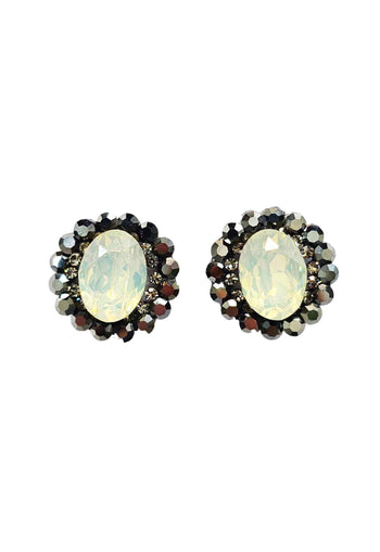 Brinco Jenifer redondo com pedra opal e hematite banhado no grafite