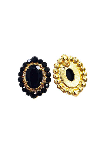 Brinco Diamante Negro oval de pedras pretas banhado no dourado