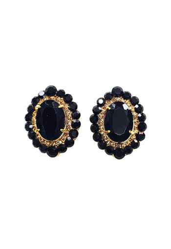 Brinco Diamante Negro oval de pedras pretas banhado no dourado