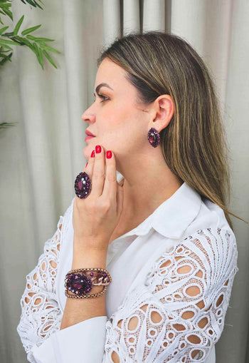 Brinco Ametista Imperial oval com pedras ametista banhado no vintage