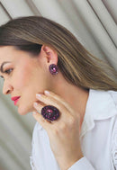 Brinco Vanguarda oval com pedras ametistas banhado no vintage