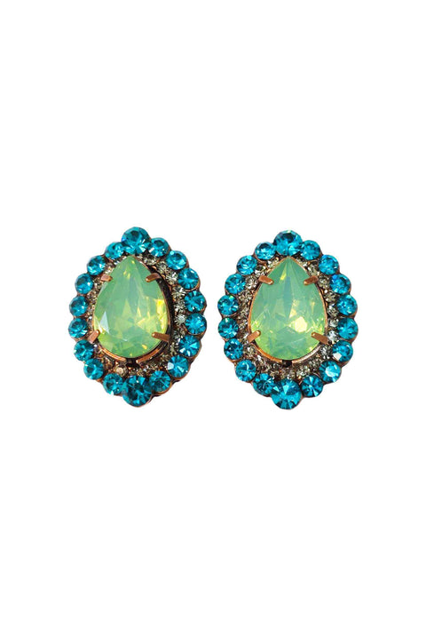 Brinco Izaura oval com strass e gota verde banhado no vintage