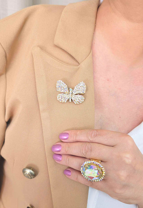 Broche Indira: Borboleta com Strass Boreal no Dourado | Sahara Acessórios