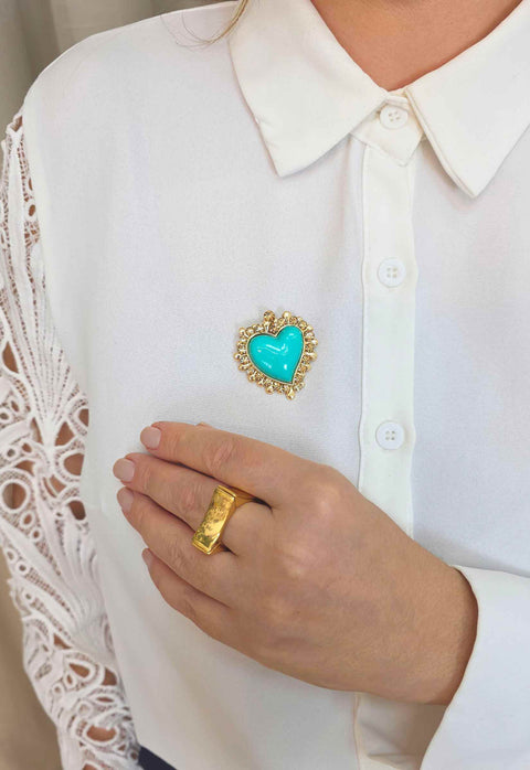 Broche Nadine: Romântico de Coração Turquesa e Pedras no Dourado | Seleção Especial da Dai