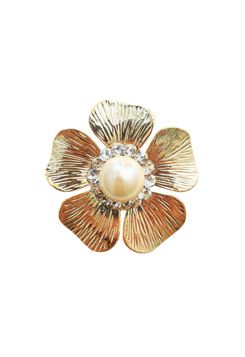Broche Anelis Gold: Floral com Pérola e Strass Cristal no Dourado | Sahara Acessórios