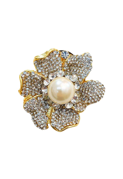 Broche Benilde: Flor com Strass Cristal e Pérola no Dourado | Sahara Acessórios