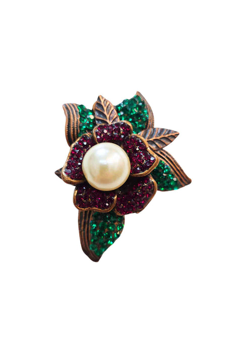 Broche Iracema: Romântico de Flor Vermelha com Folhas Verdes e Pérola Banhado no Vintage | Presente Inesquecível