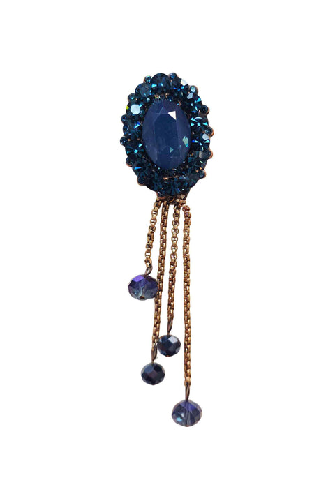 Broche Orvalho: Elegante Oval com Pedras Azul Marinho e Correntes Venezianas | Para Looks Casual Chic