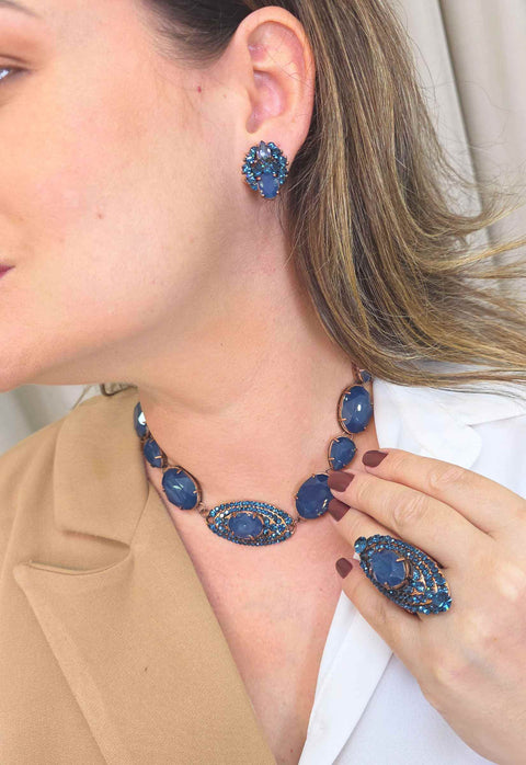 Colar Choker Arlete: Moderno com Pedras Azuis no Vintage | Sucesso entre as Saharetes