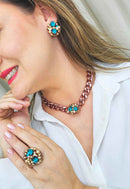Colar choker Ravi vintage com pingente de perolas e pedras azuis