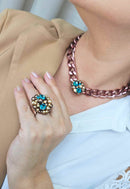 Colar choker Ravi vintage com pingente de perolas e pedras azuis