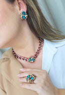Colar choker Ravi vintage com pingente de perolas e pedras azuis