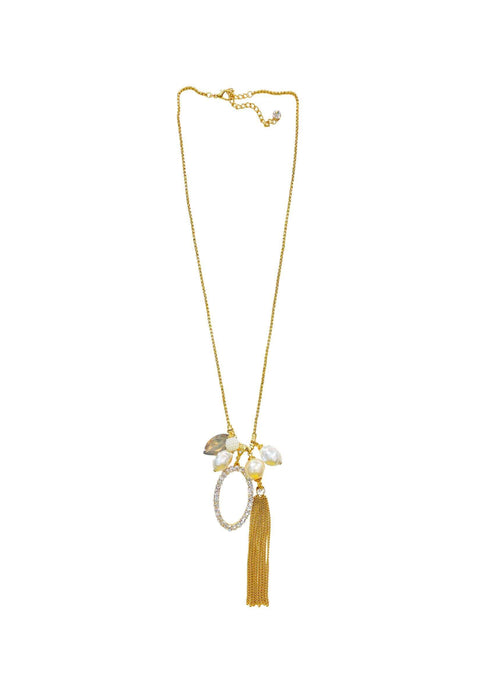 Colar Miranda: Longuinho de Pérolas com Pingente Oval e Strass Cristal no Dourado | Design By Sahara