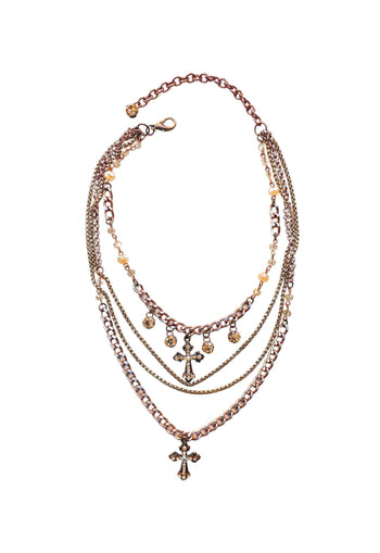 Colar Angélica: Mix de Colares Vintage Religioso com Cruz e Pedras Pêssego | By Sahara Acessórios